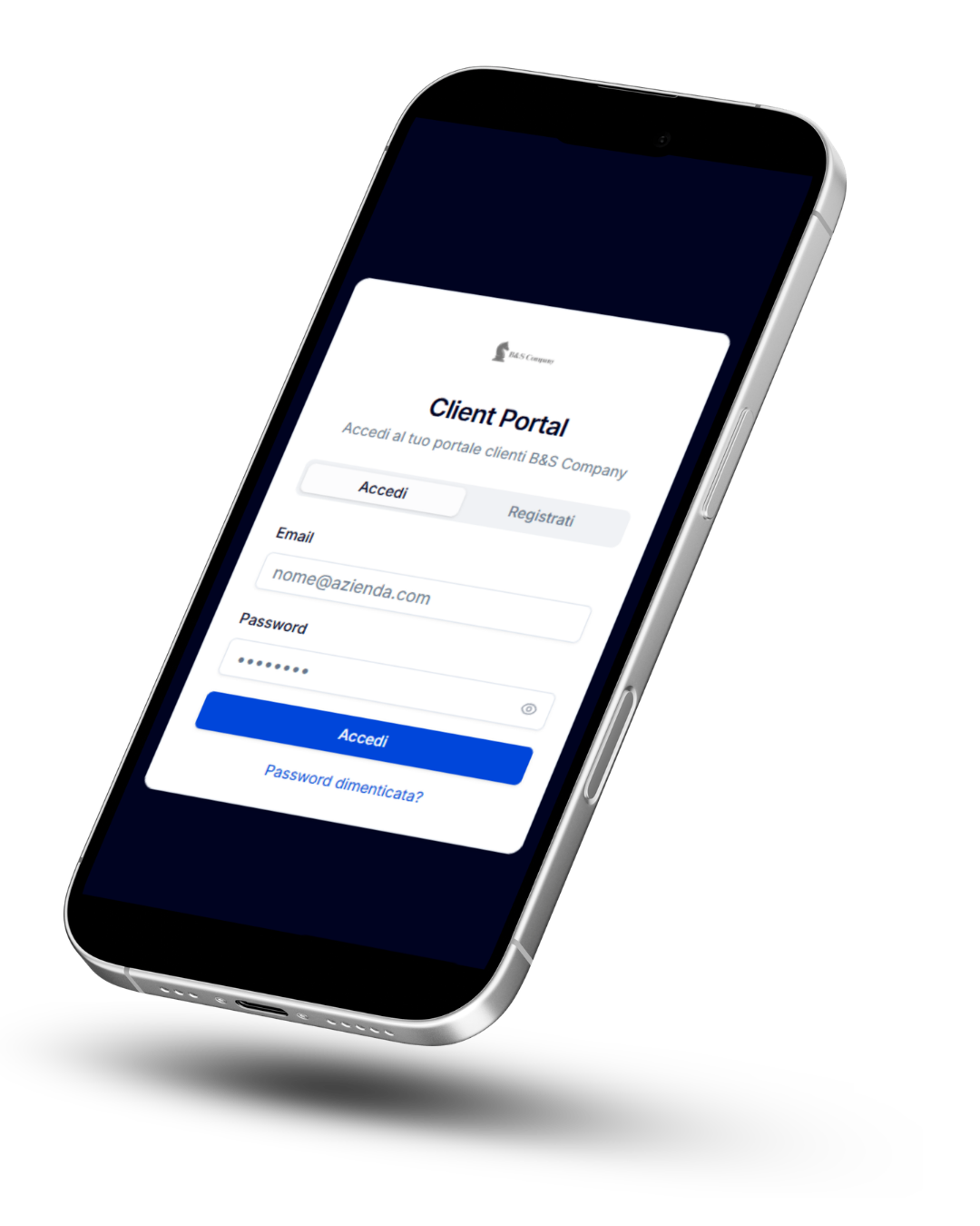 Mockup del portale clienti B&S Company su smartphone